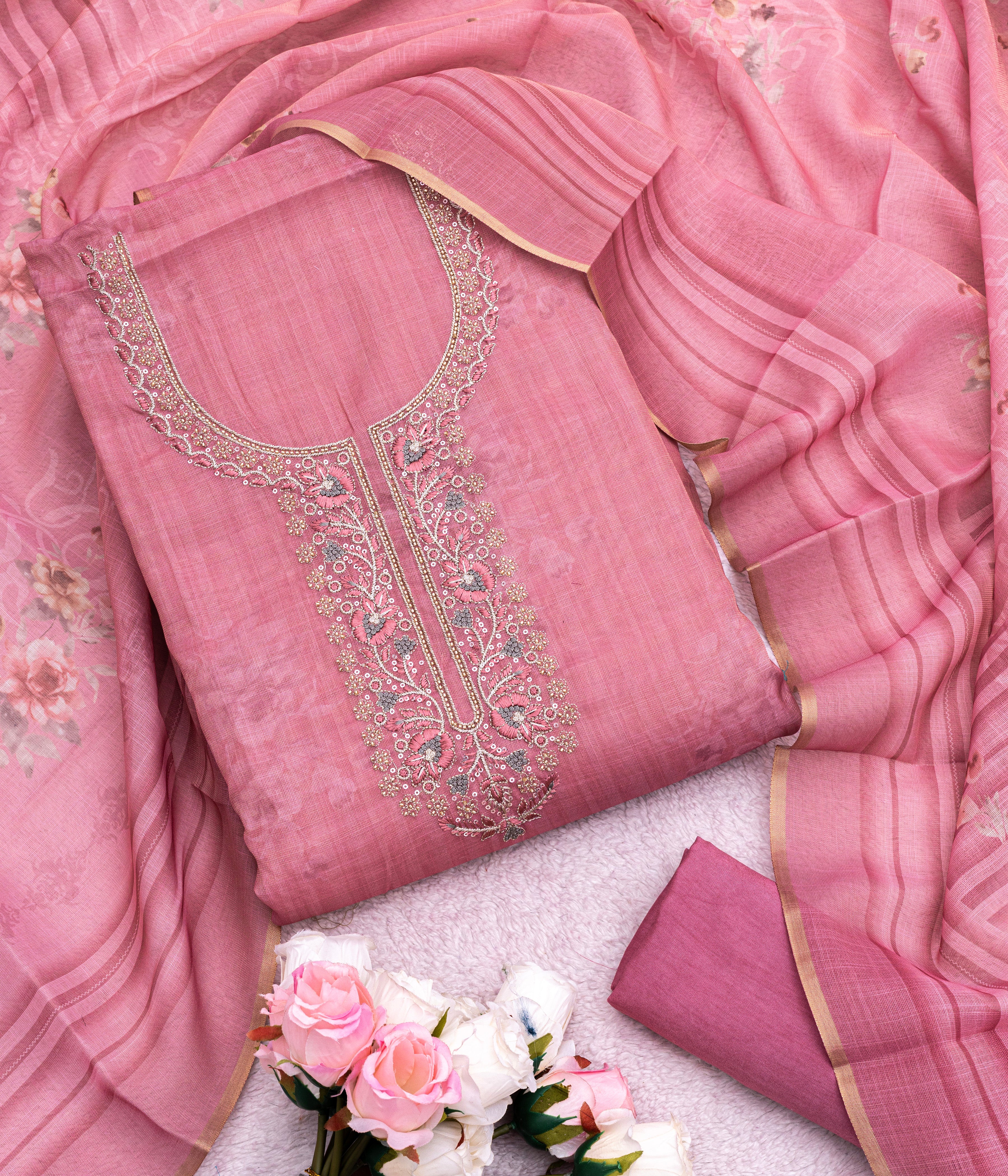 Rich Linen Shimmer with Fine Hand & Thread Embroidered Neckline👗