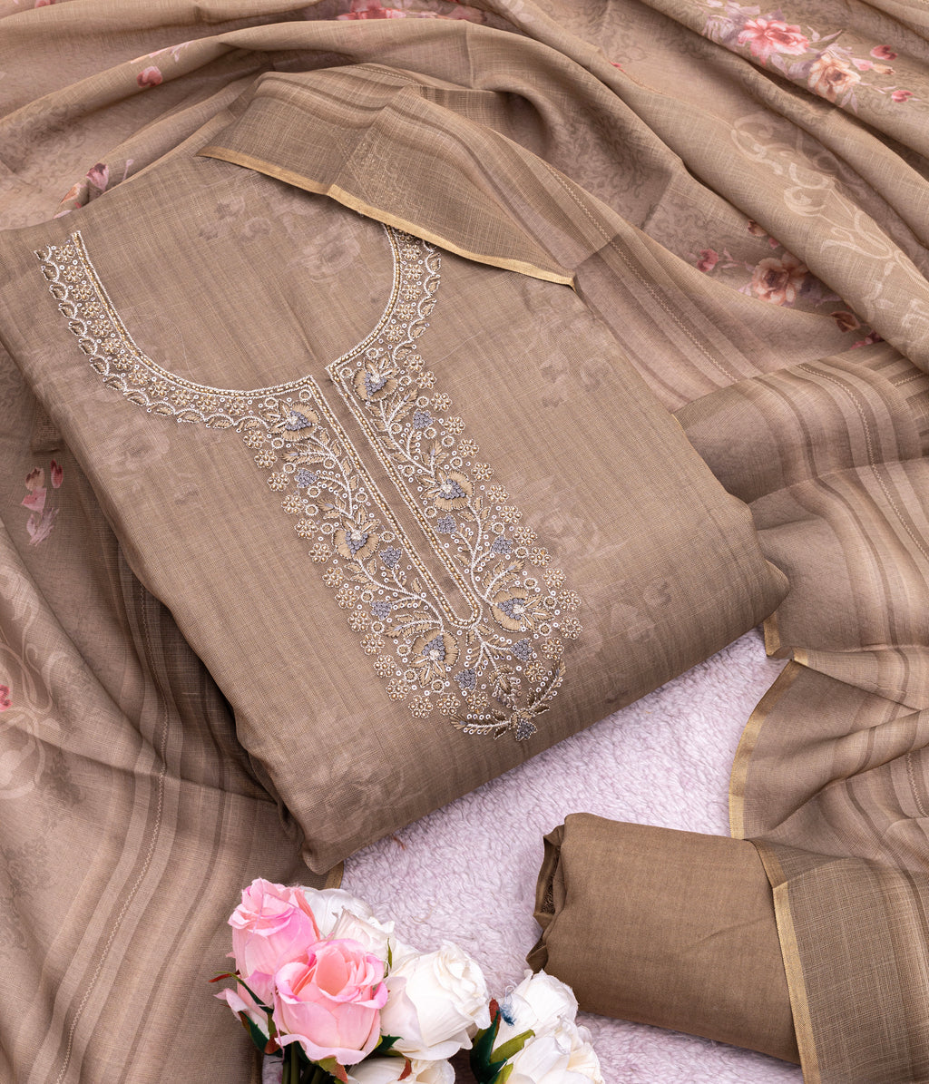 Rich Linen Shimmer with Fine Hand &amp; Thread Embroidered Neckline👗