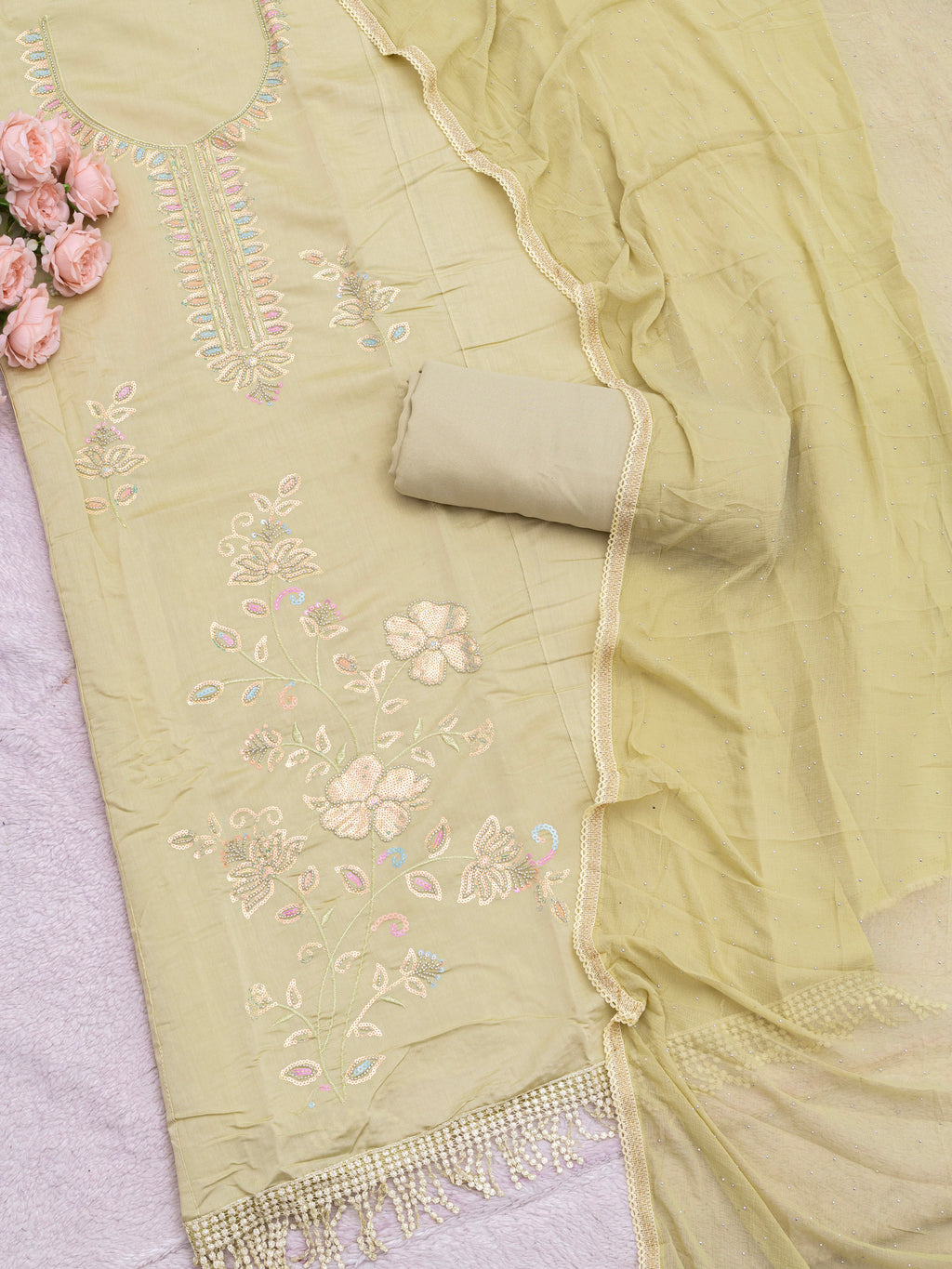 Pure Roman Silk With Beutiful Beads Work