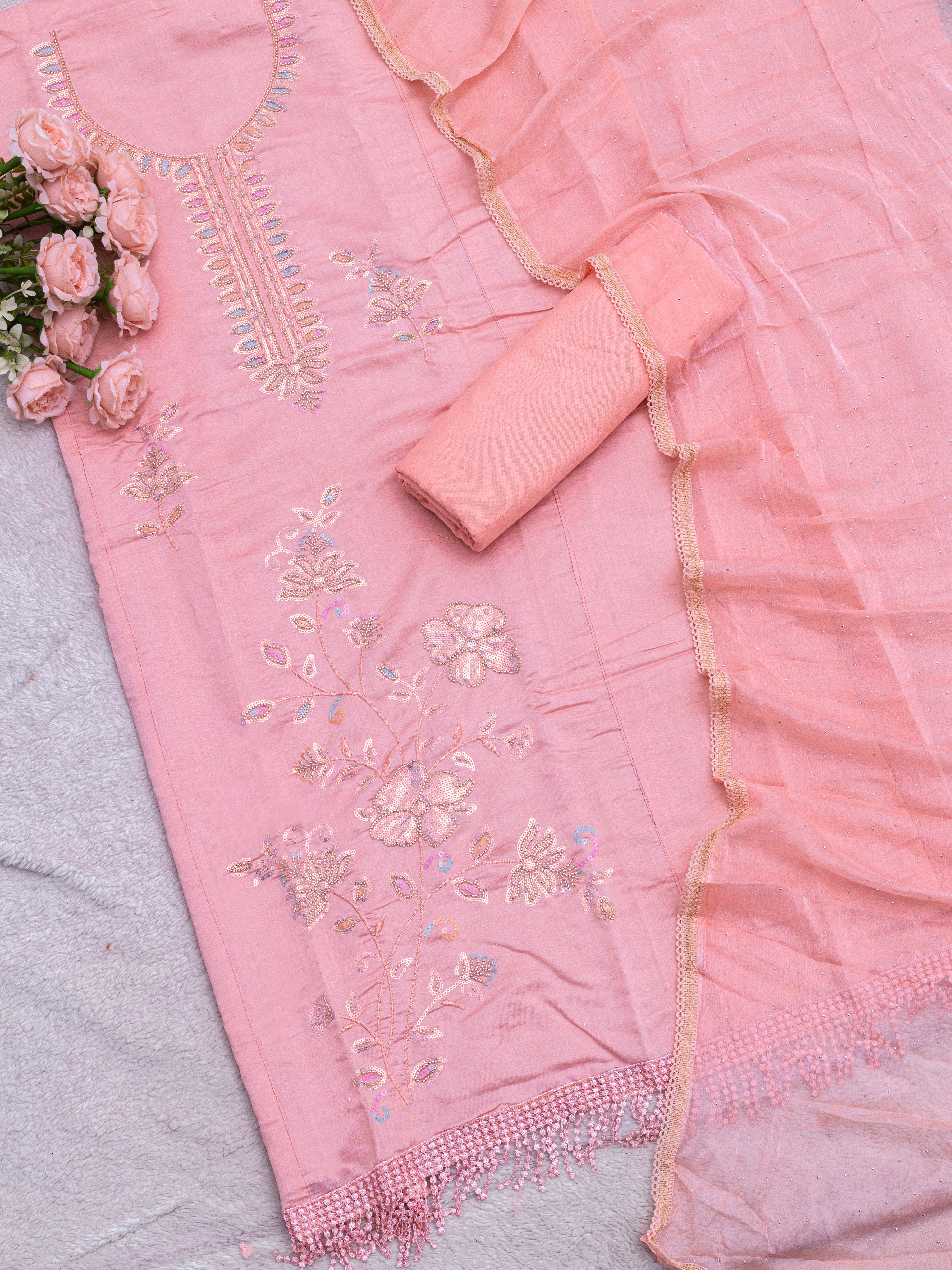 Pure Roman Silk With Beutiful Beads Work