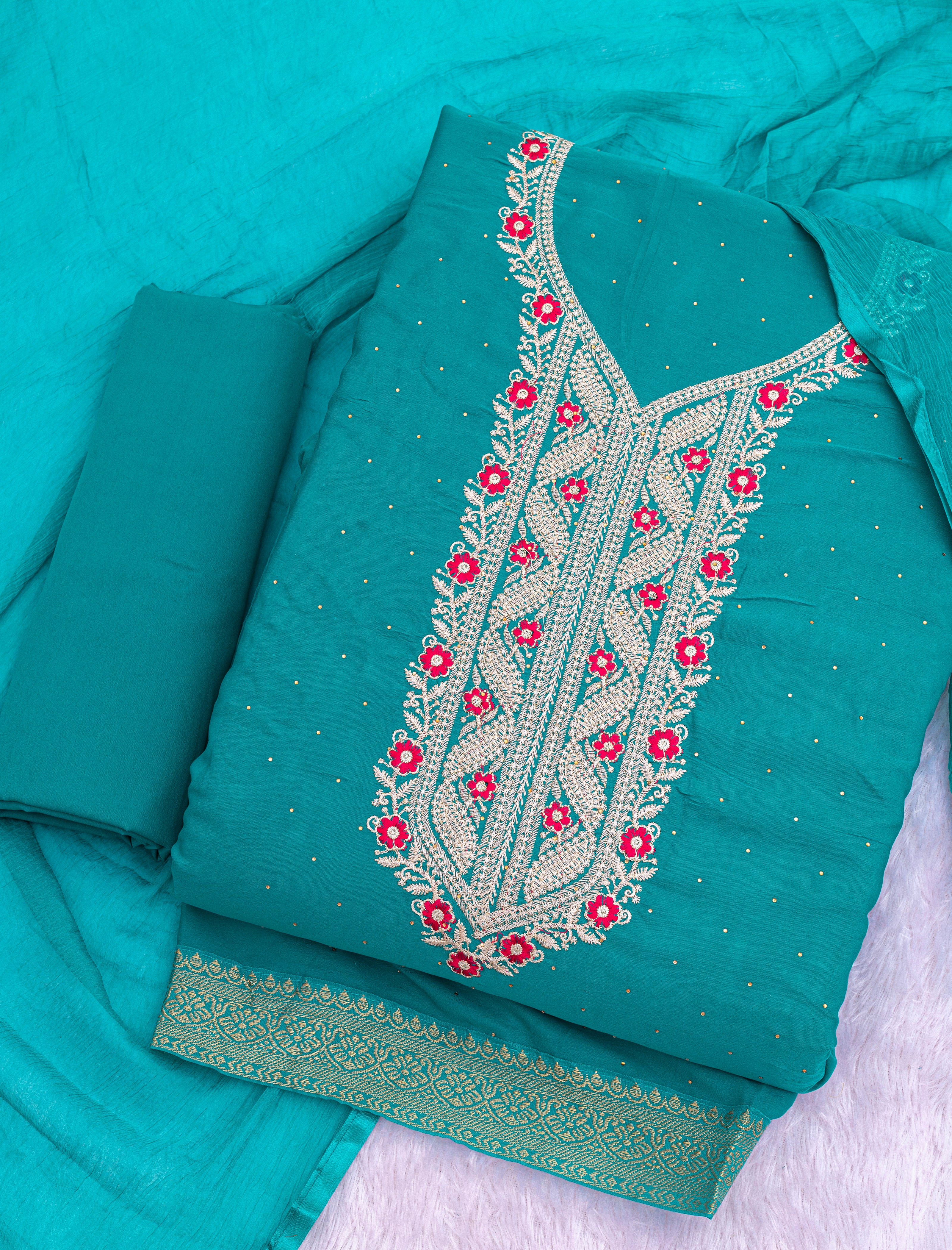 Allover Fiyona Unstitched Suit with Sarvoski Diamond Work & Najnin Dupatta | Dhamaka Sale ₹350