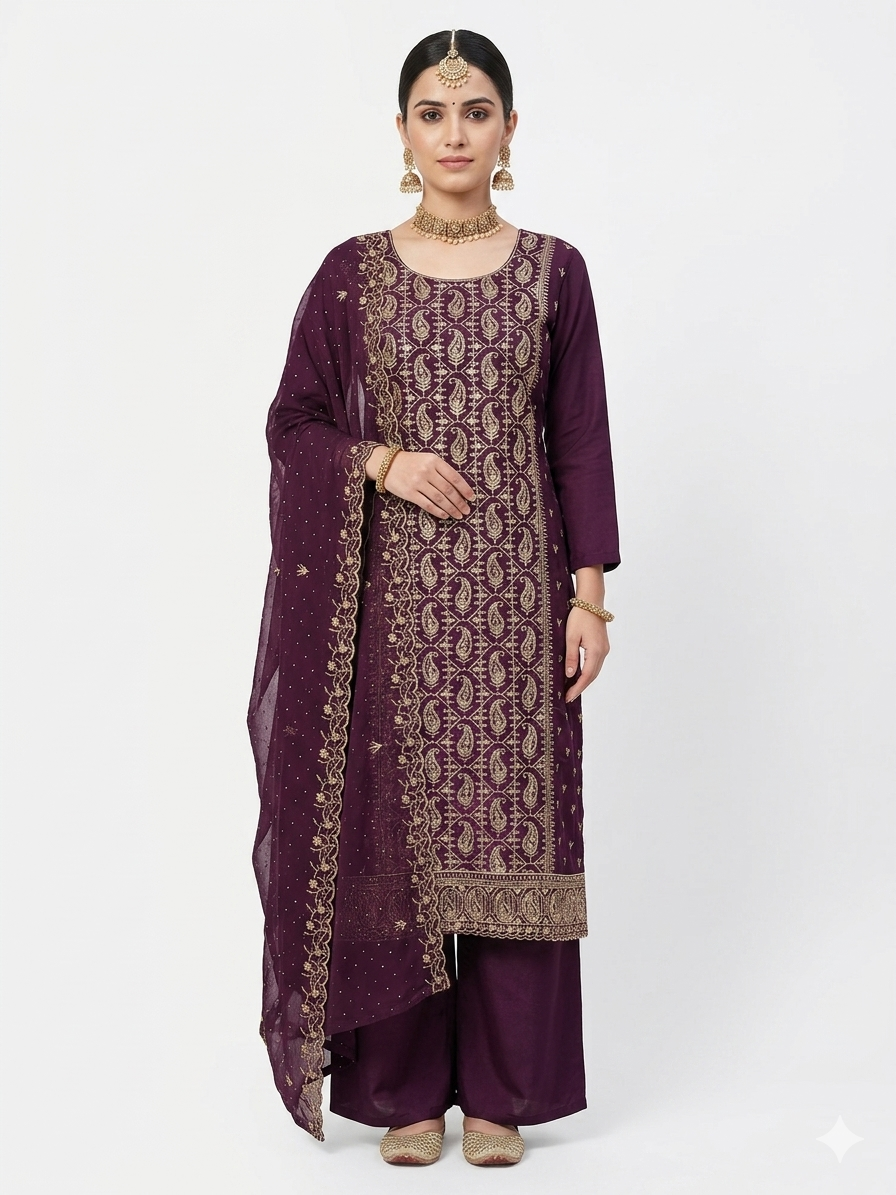 💎 PREMIUM CRUNCHY SILK UNSTITCHED SUIT WITH HEAVY EMBROIDERY WORK & DIAMOND WORK WITH INNER ✨