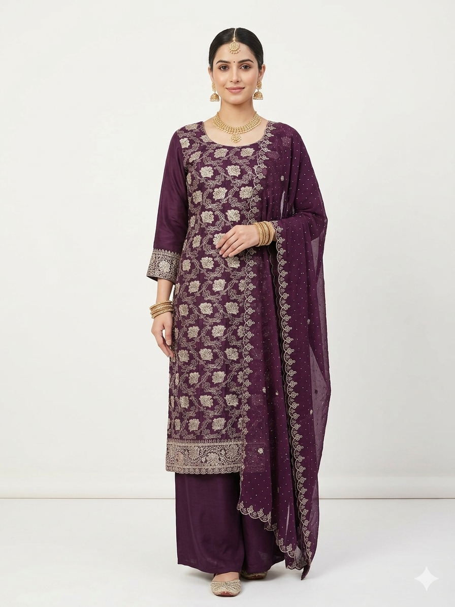 💎 PREMIUM CRUNCHY SILK UNSTITCHED SUIT WITH HEAVY EMBROIDERY WORK & DIAMOND WORK WITH INNER ✨