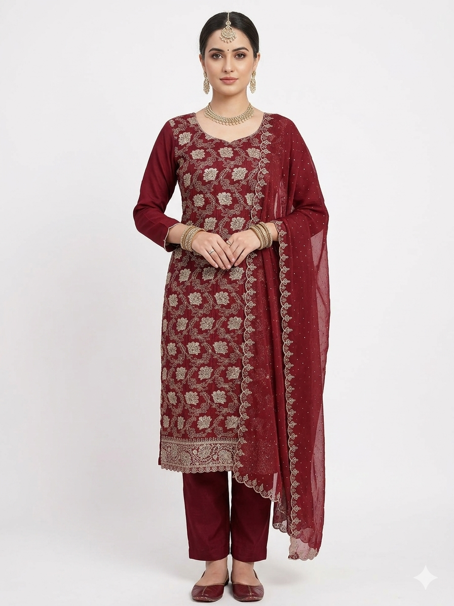 💎 PREMIUM CRUNCHY SILK UNSTITCHED SUIT WITH HEAVY EMBROIDERY WORK & DIAMOND WORK WITH INNER ✨