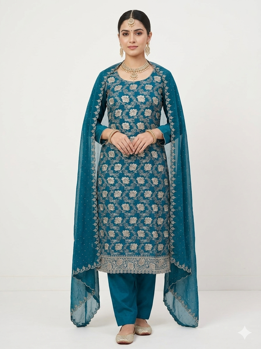 💎 PREMIUM CRUNCHY SILK UNSTITCHED SUIT WITH HEAVY EMBROIDERY WORK & DIAMOND WORK WITH INNER ✨