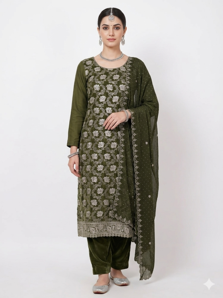 💎 PREMIUM CRUNCHY SILK UNSTITCHED SUIT WITH HEAVY EMBROIDERY WORK & DIAMOND WORK WITH INNER ✨